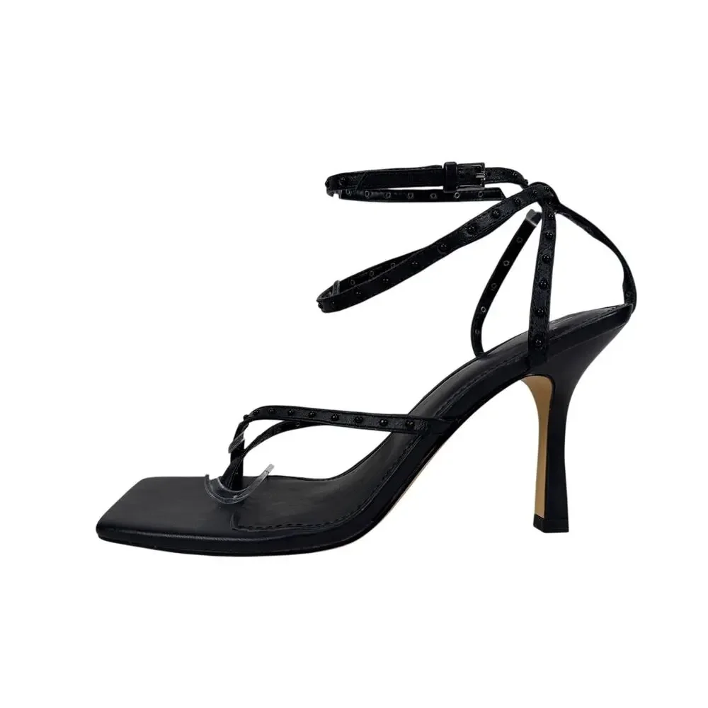 Marc Fisher LTD Dallin Sandals Heeled Womens 9 Black Strappy Studded Sq Toe